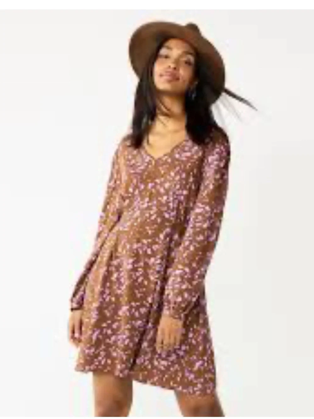 Nine West Brown Floral V-Neck Long-Sleeve Dress with Pink Print